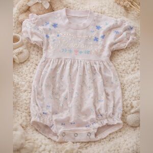 Vintage Baby Romper 12-18 Months Pink Floral “Precious” Puff Sleeve One Piece